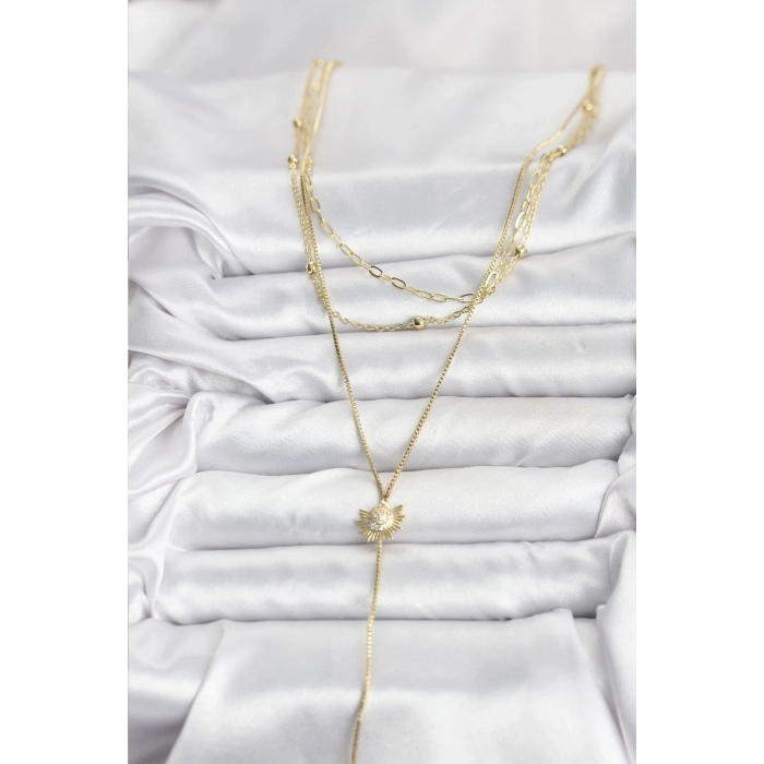 Pirinç Gold Renk Zirkon Taşlı Güneş Model Detaylı 3lü Kombin Y Kadın Kolye