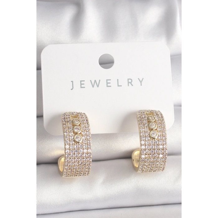 Pirinç Gold Renk Zirkon Taşlı Halka Messika Model Kadın Küpe