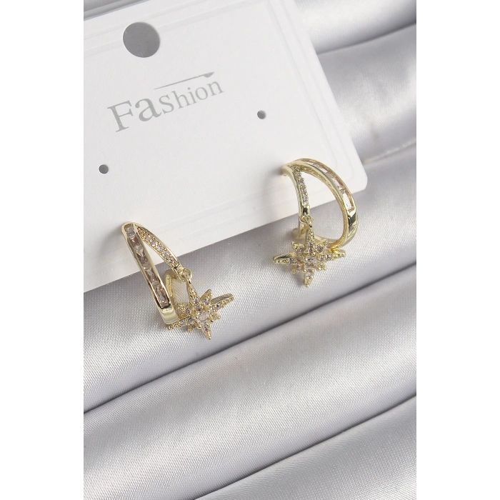 Pirinç Gold Renk Zirkon Taşlı Halka Model Yıldız Detay Kadın Küpe