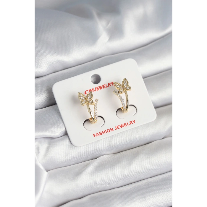 Pirinç Gold Renk Zirkon Taşlı Kelebek Model Kadın Küpe