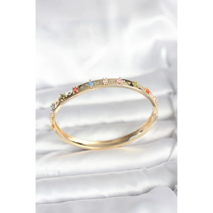 Pirinç Gold Renk Zirkon Taşlı Kelepçe Bileklik