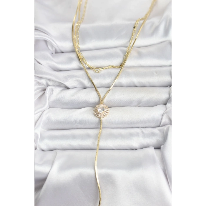 Pirinç Gold Renk Zirkon Taşlı Papatya Model Detaylı 3lü Kombin Y Kadın Kolye