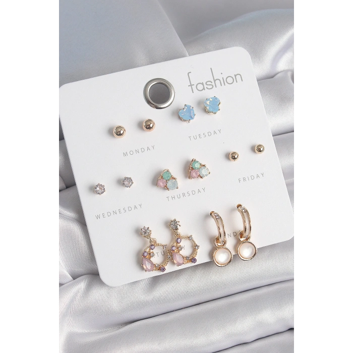 Pirinç Gold Renk Zirkon Taşlı Sallantı Halka Figür Kalp Detay 7 Çift Kadın Küpe