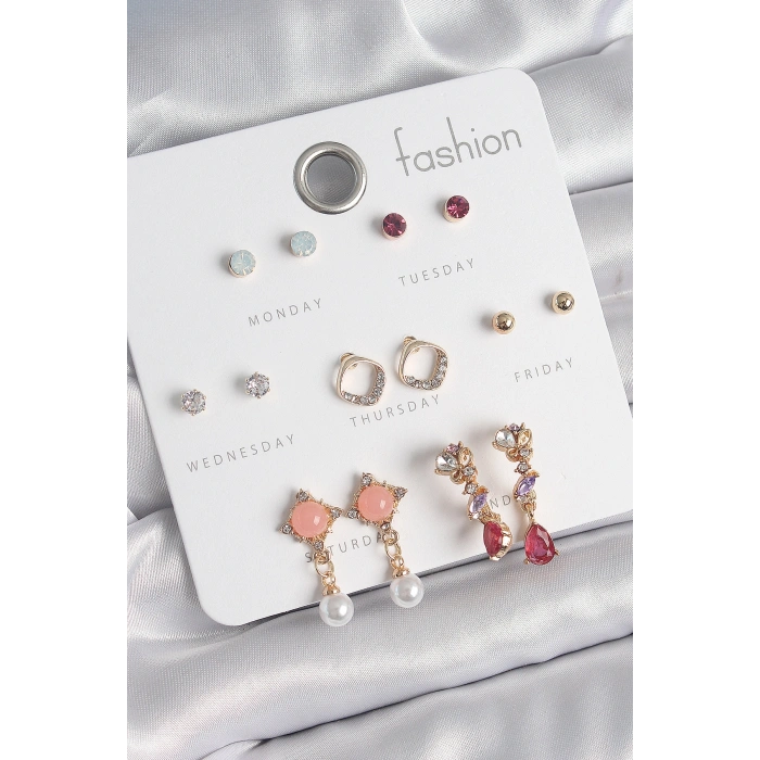 Pirinç Gold Renk Zirkon Taşlı Sallantı İnci Detay 7 Çift Kadın Küpe