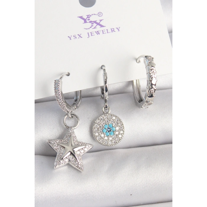 Pirinç Gold Renk Zirkon Taşlı Yıldız Model Nazar Boncuk Detay 3Lü Kadın Kombin Küpe