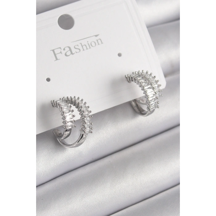 Pirinç Gümüş Renk 2Li Zirkon Taşlı Halka Model Kadın Küpe