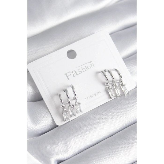 Pirinç Gümüş Renk 3lü Sallantı Zirkon Taşlı Küpe