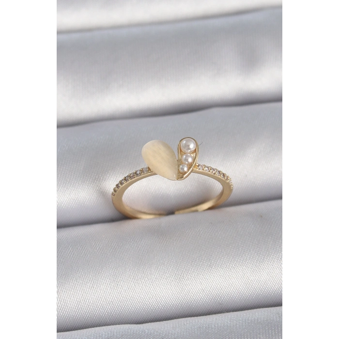 Pirinç Gümüş Renk Ayarlanabilir Zirkon Taşlı Beyaz Mineli Kalp Model Kadın Yüzük