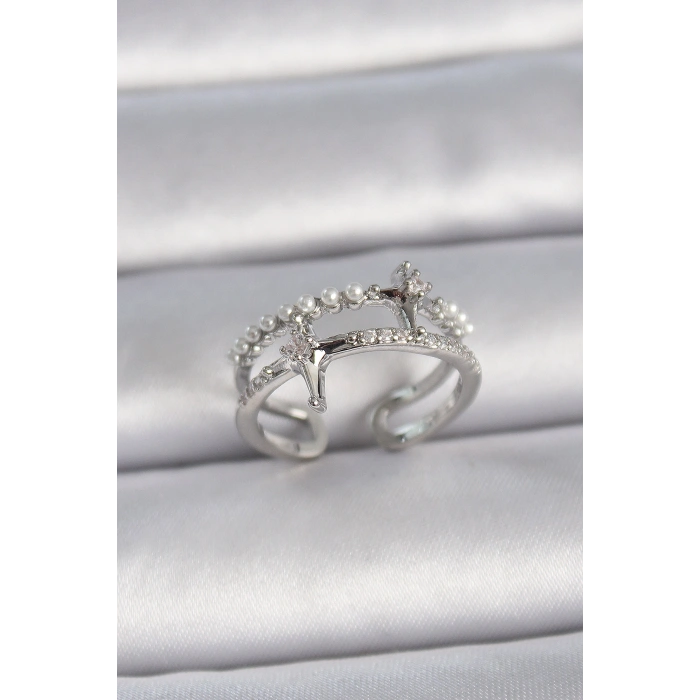 Pirinç Gümüş Renk Ayarlanabilir Zirkon Taşlı Kutup Yıldız İnci Detay Kadın Yüzük