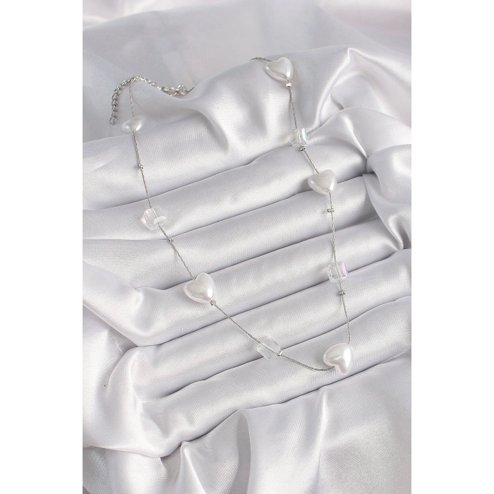 Pirinç Gümüş Renk Beyaz İnci Kalp Model Kadın Kolye