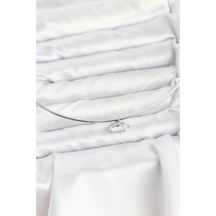 Pirinç Gümüş Renk Choker Model Zirkon Taşlı Kadın Kolye