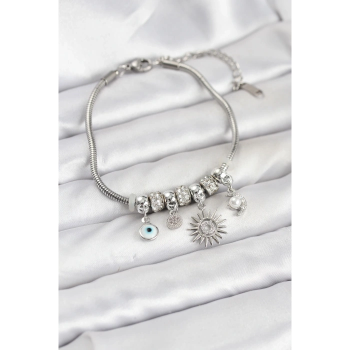 Pirinç Gümüş Renk Güneş Charmlı Kadın Bileklik