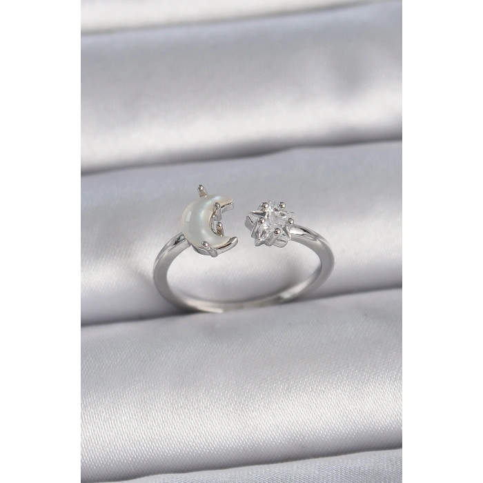 Pirinç Gümüş Renk İncili Hilal Zirkon Taşlı Yıldız Ayarlanabilir Kadın Yüzük