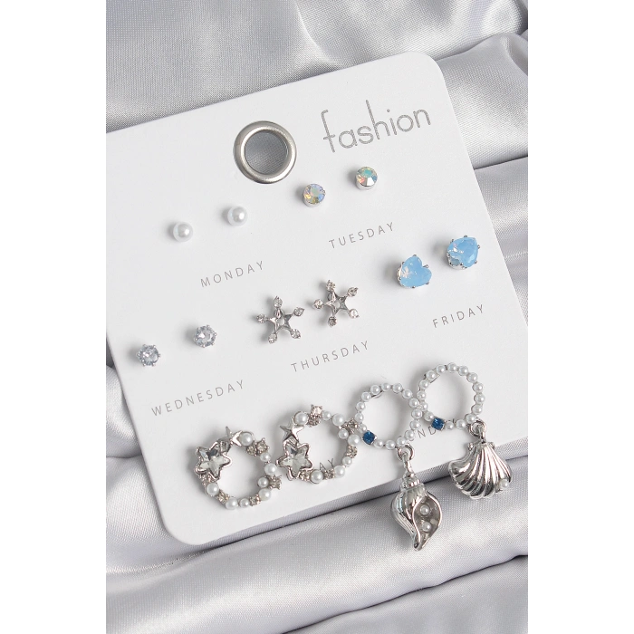 Pirinç Gümüş Renk İncli Zirkon Taşlı Halka Figür Yıldız Detay 7 Çift Kadın Küpe Seti