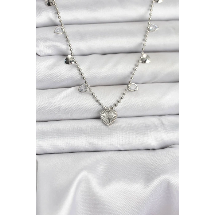 Pirinç Gümüş Renk Kalp Model Kadın Kolye