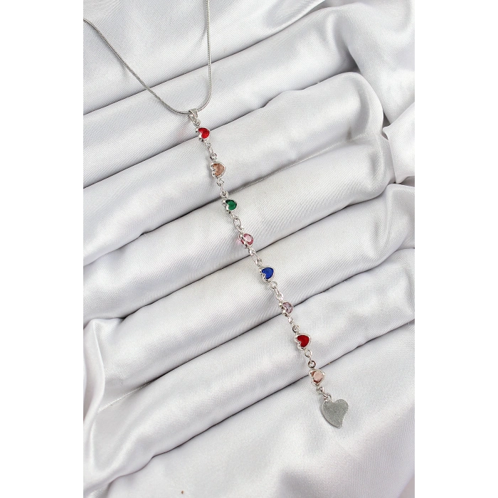 Pirinç Gümüş Renk Karışık Renk Zirkon Taşlı Kalpli Y Kadın Kolye