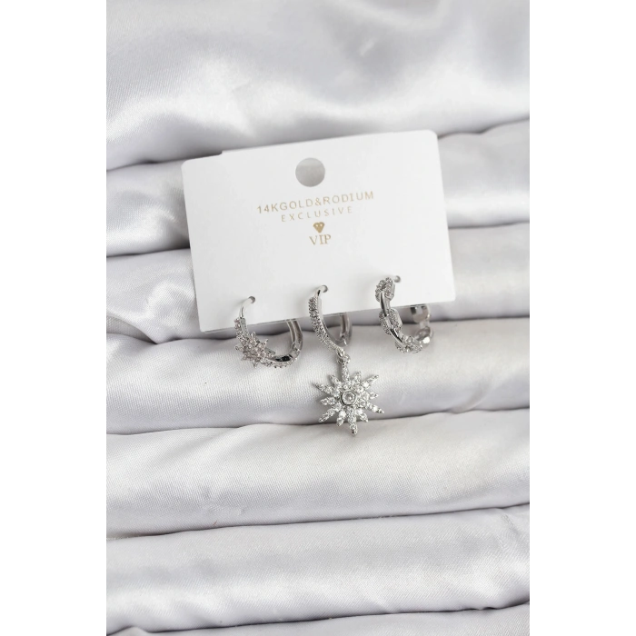 Pirinç Gümüş Renk Kutup Yıldızı Model 3lü Kadın Küpe Seti