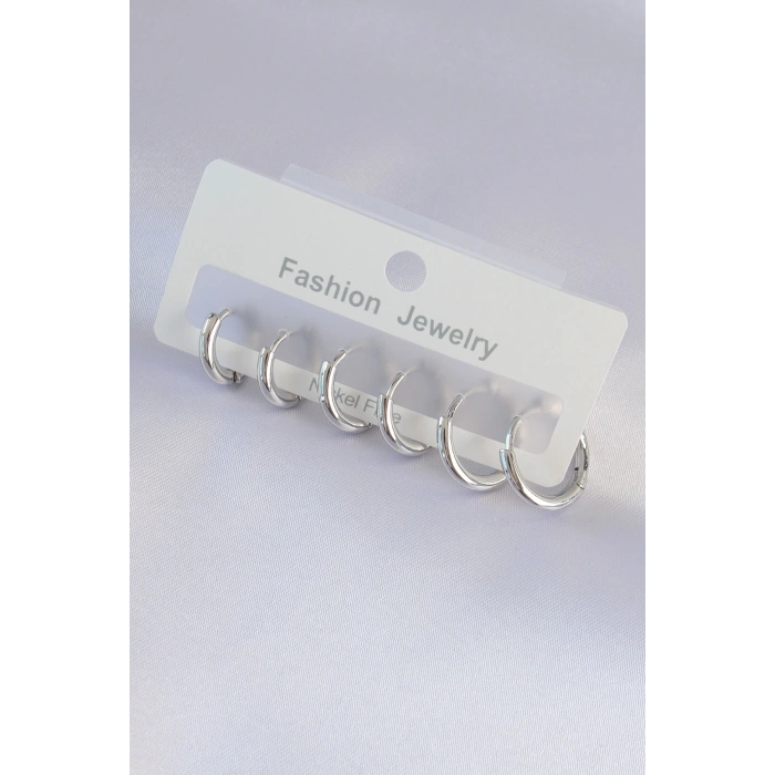 Pirinç Gümüş Renk Oval Küpe Seti