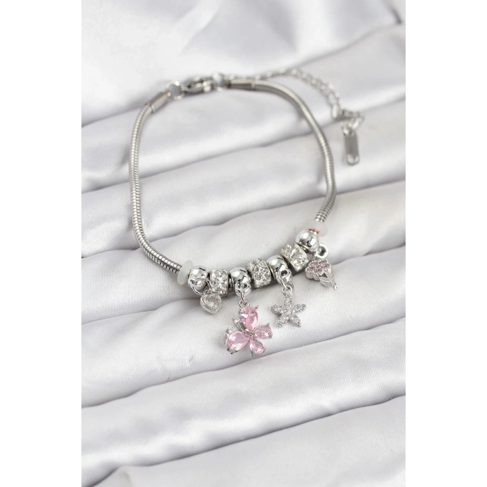 Pirinç Gümüş Renk Pembe Kelebek Charmlı Kadın Bileklik