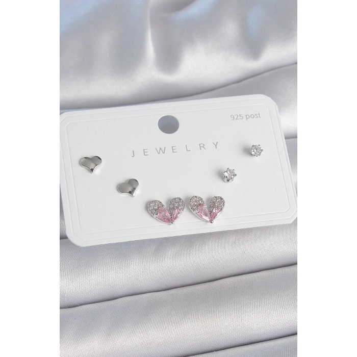 Pirinç Gümüş Renk Pembe Zirkon Taşlı Kalp Model 925 Ayar Gümüş Çivi Kadın Küpe Seti