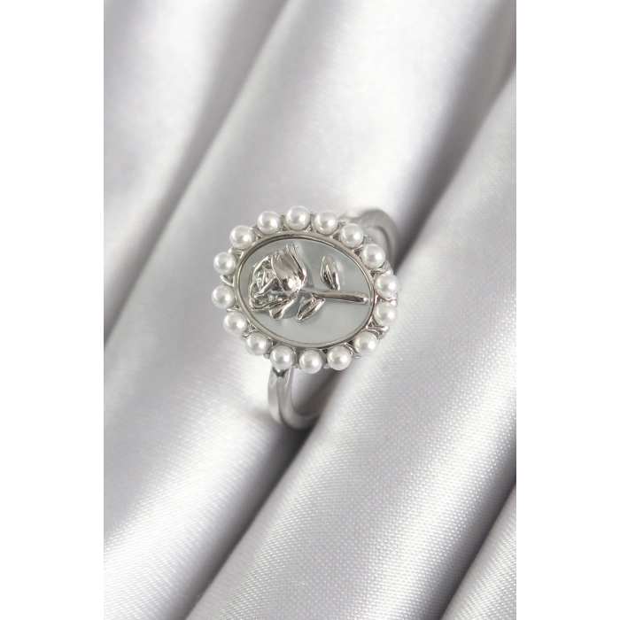 Pirinç Gümüş Renk Portre Gül Model İnci Detay Kadın Yüzük