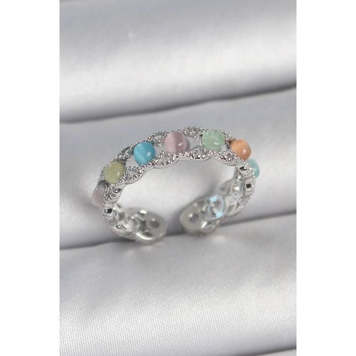Pirinç Gümüş Renk Renkli Mineli Ayarlanabilir Kadın Yüzük