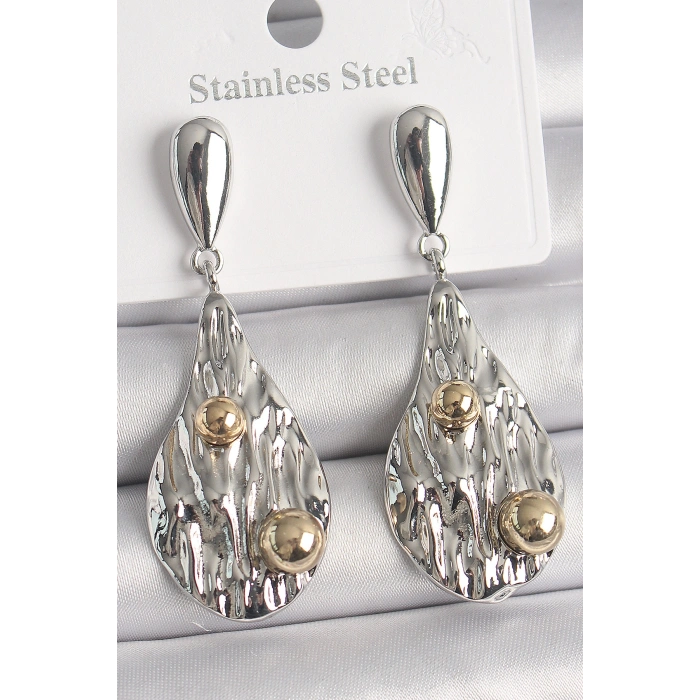 Pirinç Gümüş Renk Sallantı Damla Model Gold Topçuk Detay Kadın Küpe