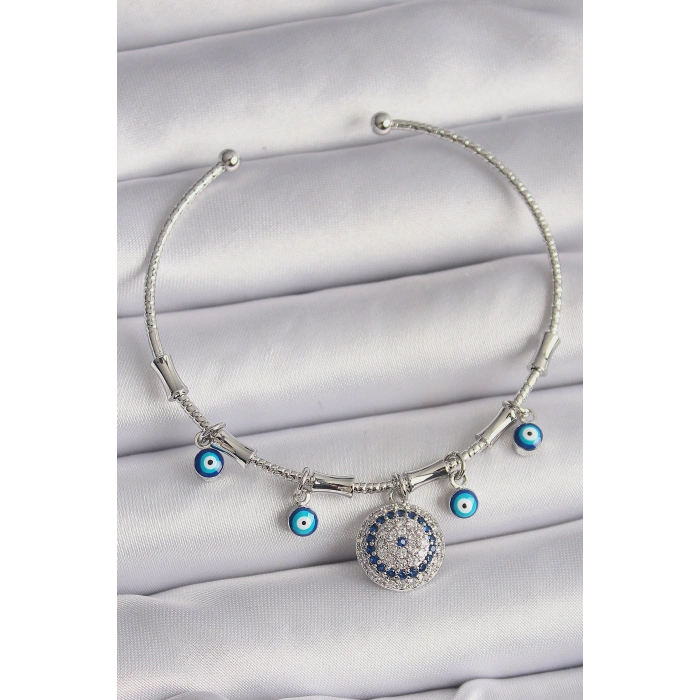 Pirinç Gümüş Renk Sallantı Zirkon Taşlı Nazar Boncuk Figür Charm Bileklik