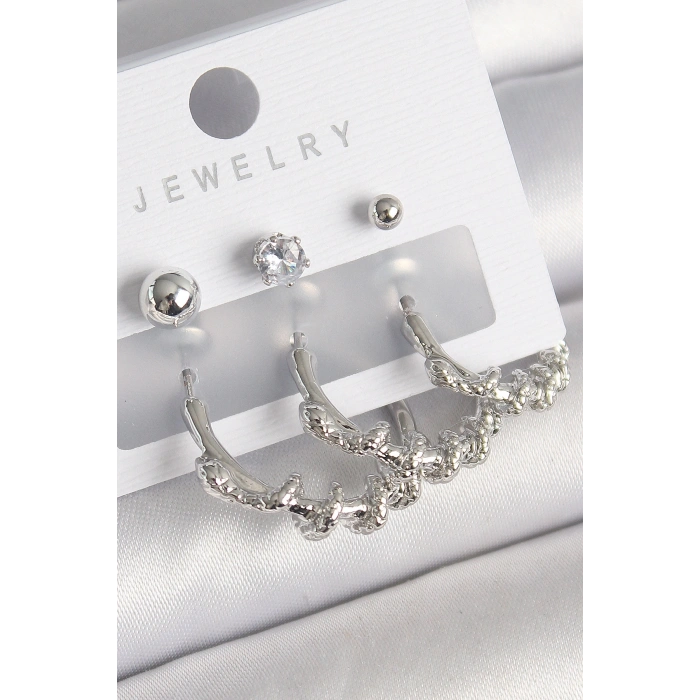 Pirinç Gümüş Renk Sarmal Yılan Halka Model Zirkon Taşlı Topçuk Detay Kadın Küpe Seti