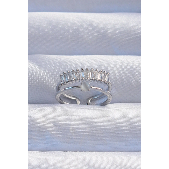 Pirinç Gümüş Renk Sedefli Zirkon Taşlı Su Yolu Model 2li Görünüm Ayarlanabilir Yüzük