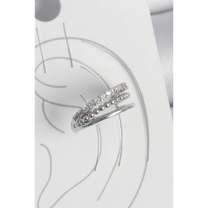 Pirinç Gümüş Renk Zirkon Taşlı 3Lü Sıralı Model Kadın Kıkırdak Küpe