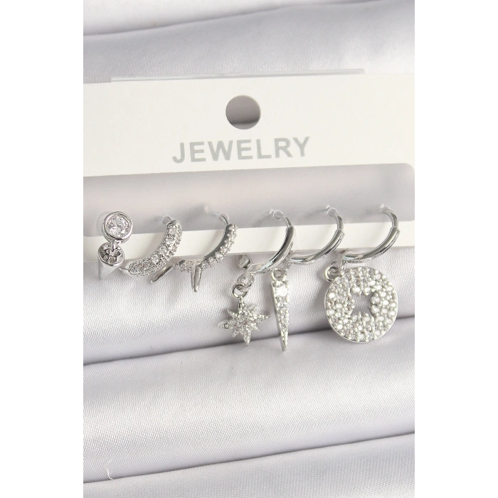 Pirinç Gümüş Renk Zirkon Taşlı Çoklu Figür Kadın Küpe Seti