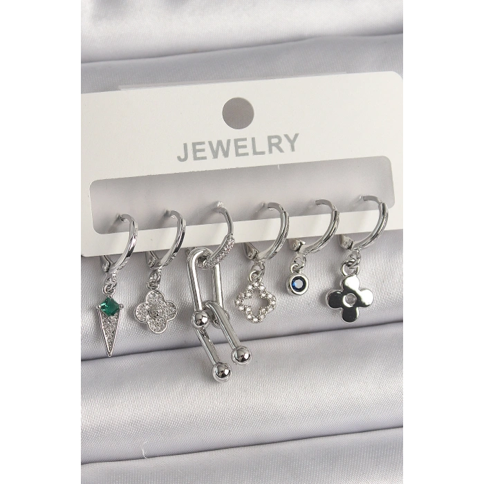 Pirinç Gümüş Renk Zirkon Taşlı Çoklu Figür Kadın Küpe Seti