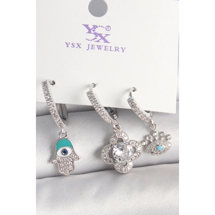 Pirinç Gümüş Renk Zirkon Taşlı Fatma Ana Yonca Figür Göz Detay 3Lü Kadın Kombin Küpe