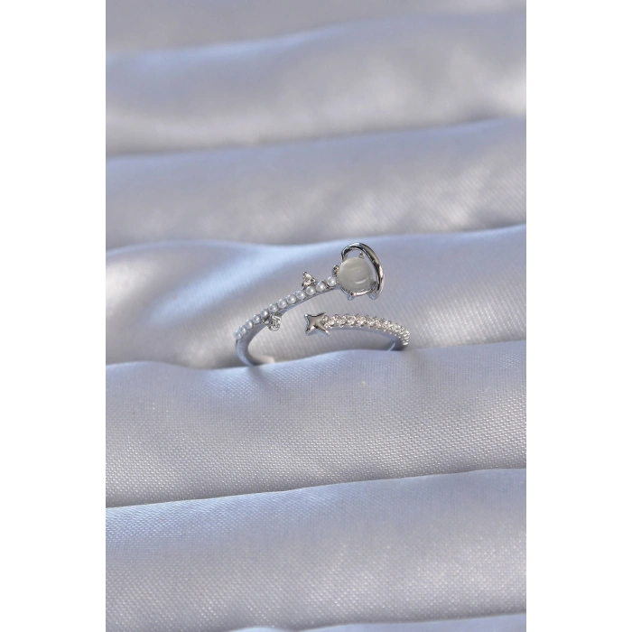 Pirinç Gümüş Renk Zirkon Taşlı İncili Satürn Model Ayarlanabilir Yüzük