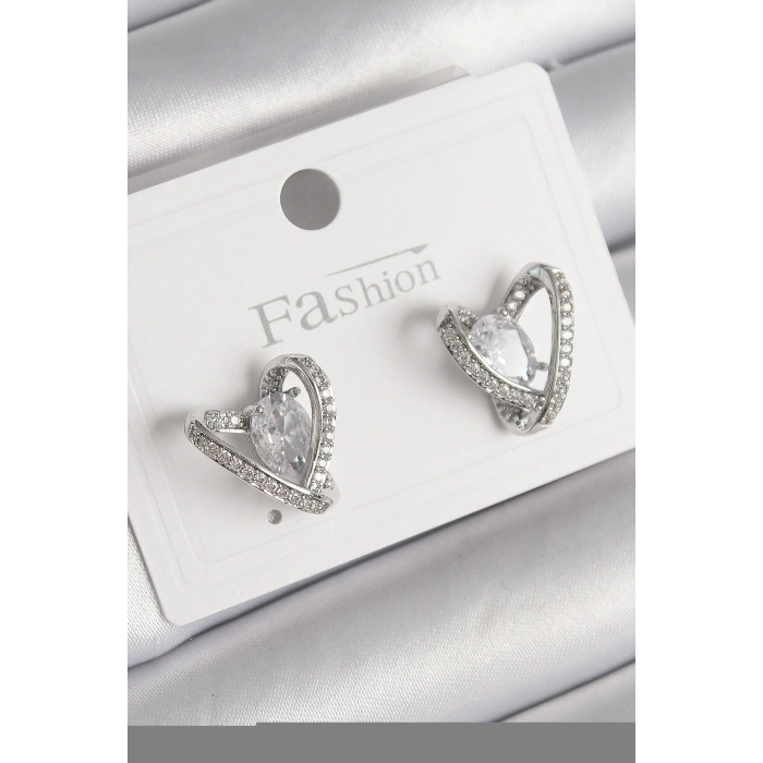 Pirinç Gümüş Renk Zirkon Taşlı Kalp Model Kadın Küpe