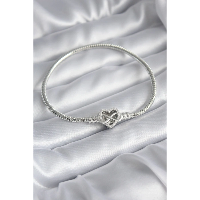 Pirinç Gümüş Renk Zirkon Taşlı Kalp Sonsuzluk Model Charm Kadın Bileklik