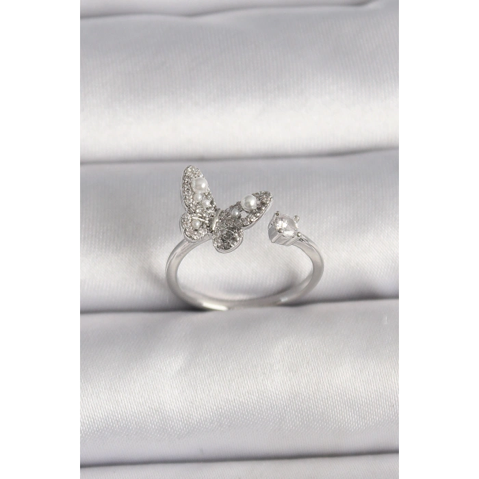 Pirinç Gümüş Renk Zirkon Taşlı Kelebek Model İnci Detay Ayarlanabilir Yüzük