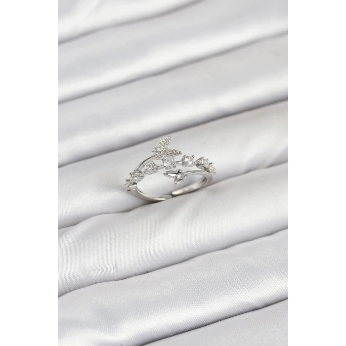 Pirinç Gümüş Renk Zirkon Taşlı Kelebek Model Kadın Yüzük