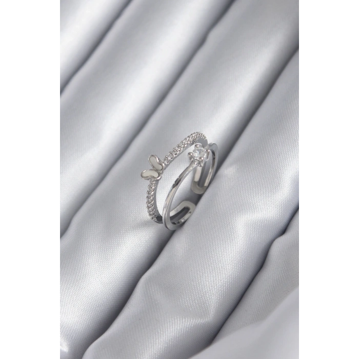 Pirinç Gümüş Renk Zirkon Taşlı Kelebek Model Kadın Yüzük