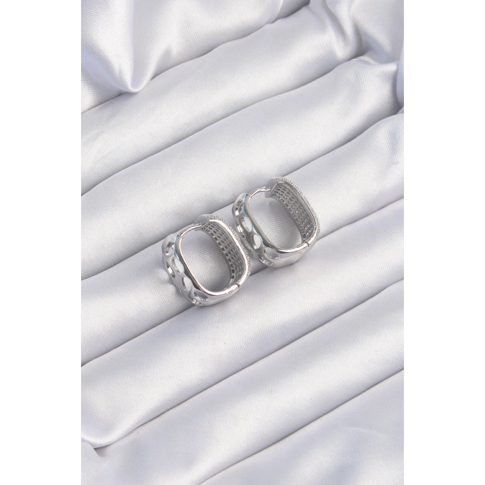 Pirinç Gümüş Renk Zirkon Taşlı Minimal Halka Küpe