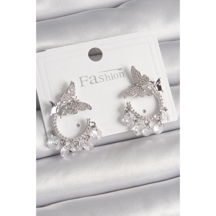 Pirinç Gümüş Renk Zirkon Taşlı Sallantı Detay Kelebek Model Kadın Küpe