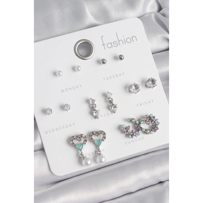 Pirinç Gümüş Renk Zirkon Taşlı Sallantılı Kalp Model Çiçek Detay 7 Çift Kadın Küpe Seti