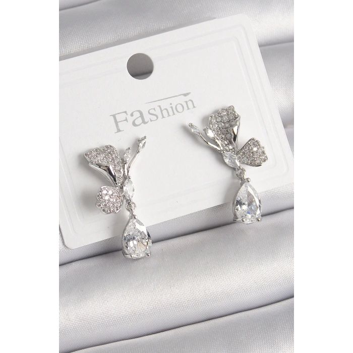 Pirinç Gümüş Renk Zirkon Taşlı Turna Kuşu Model Sallantı Detay Kadın Küpe