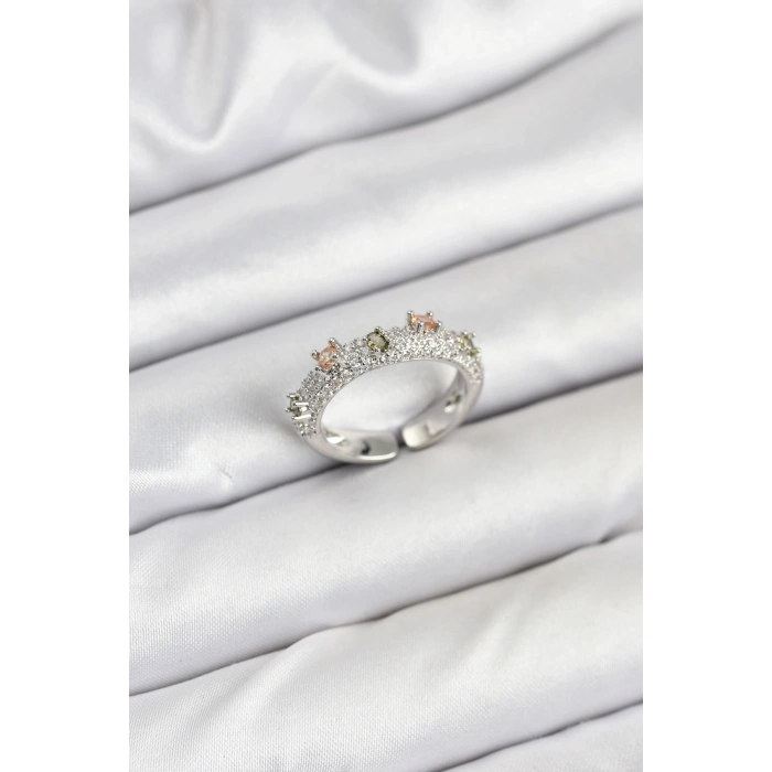 Pirinç Gümüş Renk Zirkon Taşlı Vintage Kadın Yüzük