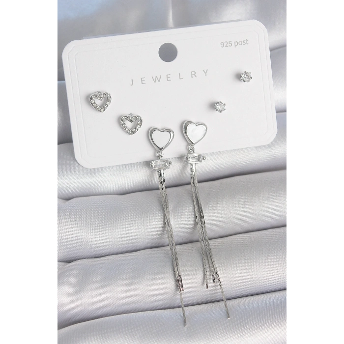 Pirinç Gümüş Sallantı Beyaz Mineli Kalp Model Zirkon Taşlı Kalp Detay 925 Ayar Gümüş Çivi Kadın Küpe Seti