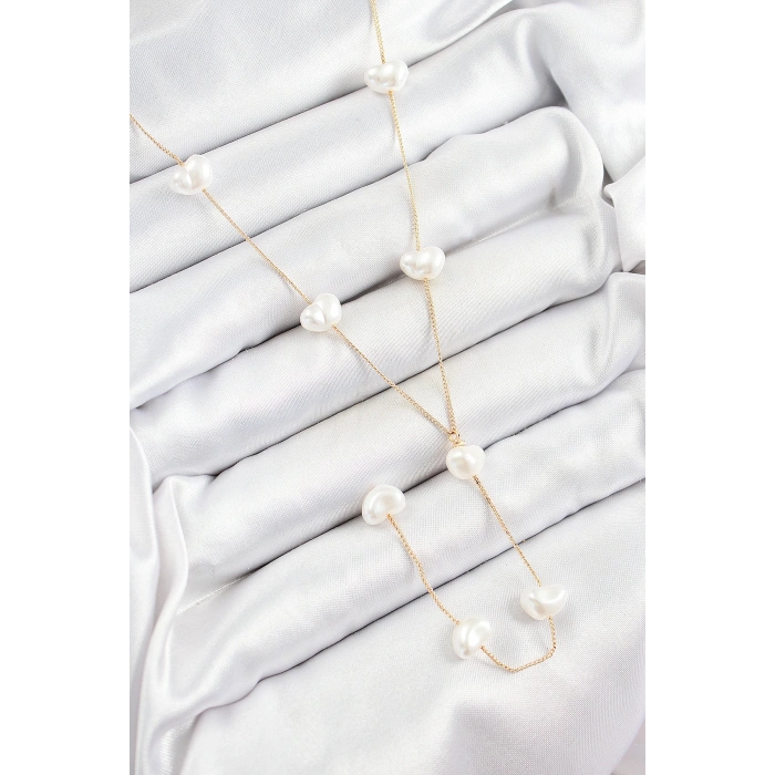 Pirinç İncili Kalp Figürlü Y Model Gold Renk Kadın Kolye