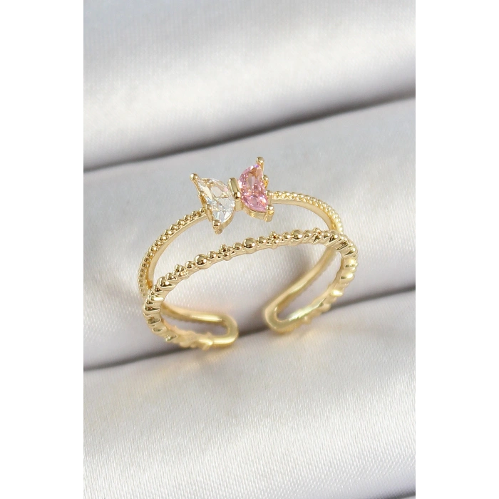 Pirinç Kelebek Figürlü Zirkon Taşlı Gold Renk Ayarlanabilir Kadın Yüzük