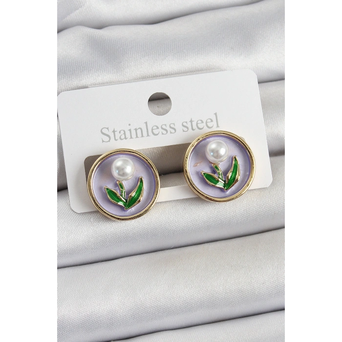 Pirinç Mor Mineli Lale Figürlü Sanatsal Portre Model Gold Renk Kadın Küpe