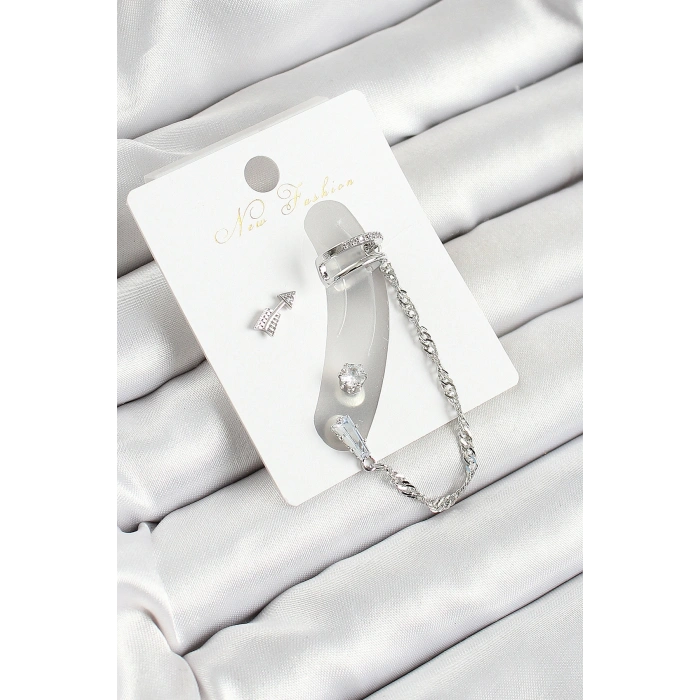 Pirinç Ok Figürlü Zirkon Taşlı Gümüş Renk 3lü Kıkırdak Kadın Küpe Set